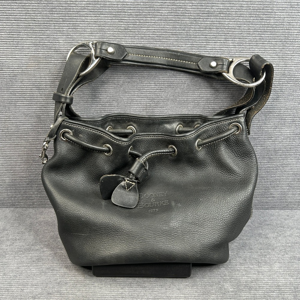 Dooney & Bourke Black Pebbled Leather Drawstring Bucket Bag Silver Hardware Y2k